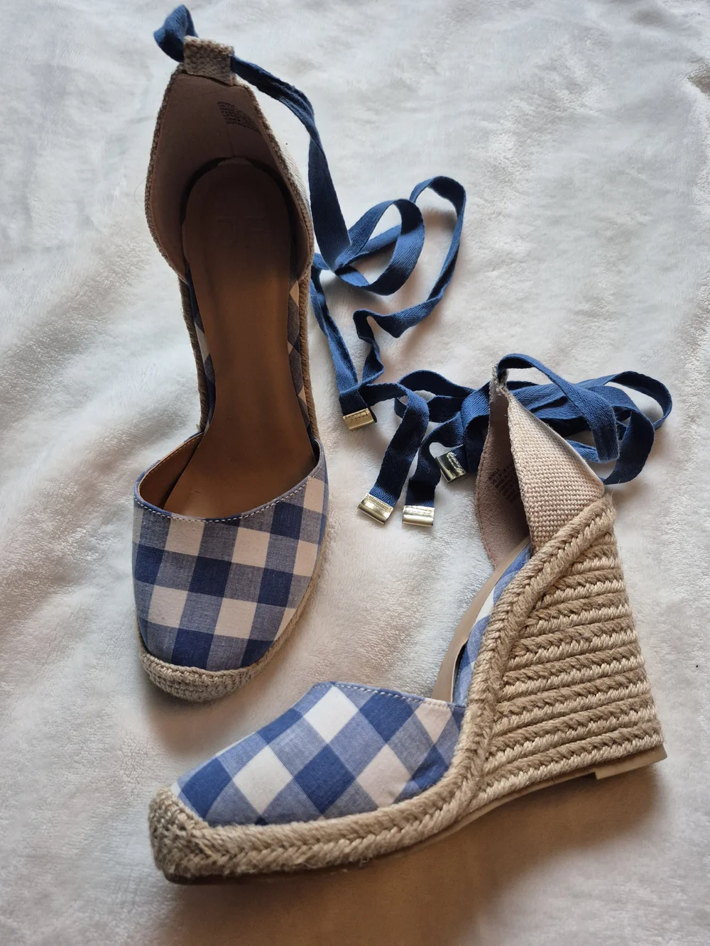 JustFab Blue and White Gingham Espadrille Wedge Sandals with Ankle Wraps
